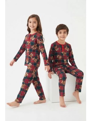 DMR Elegance 6/14 Yaş Ekose Ayıcık Baskılı Pamuk Penye Çocuk Pijama Takımı
