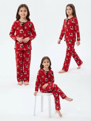 DMR Elegance 6/14 Yaş Kalpli Ayıcık Baskılı Pamuk Penye Çocuk Pijama Takımı