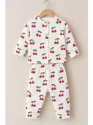 DMR Elegance 3-12 Ay Kiraz Baskılı Çıtçıtlı Penye Bebek Pijama Takımı