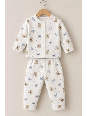DMR Elegance 3-12 Ay Fiyonklu Ayı Baskılı Çıtçıtlı Penye Bebek Pijama Takımı