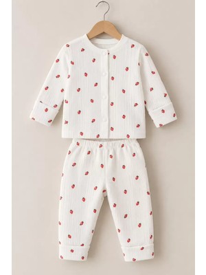 DMR Elegance 3-12 Ay Çilek Baskılı Çıtçıtlı Penye Bebek Pijama Takımı
