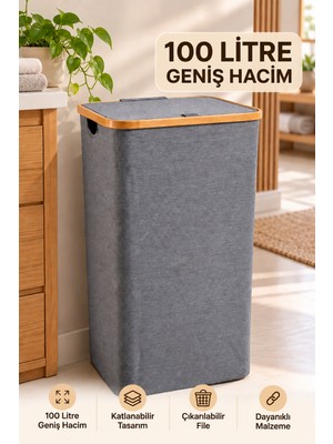 Nokka 100 L Katlanabilir Bambu Çerçeveli Çamaşır Sepeti – Kapaklı, Çıkarılabilir Fileli Gri