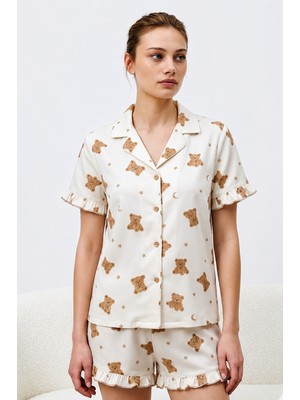 Kadın Premium Fırfırlı Kar Beeyaz Pijama Takımı Kar Beyaz
