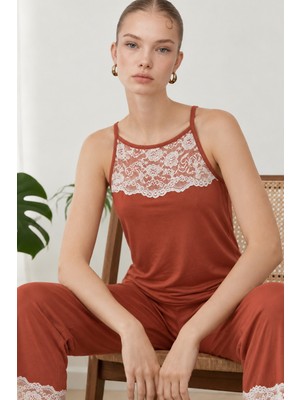 Kadın Dantelli Relaxed Kırmızı Pijama Takımı 4743