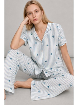 Kadın Kısa Kollu Rahat Mavi Pijama Takımı 4728