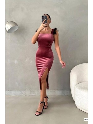 Kadife Yaka Kare Abiye Kumaş Elbise Askılı