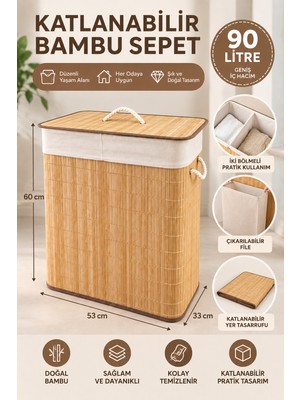 Nokka 90 Litre Katlanabilir Bambu Çamaşır Sepeti – 2 Bölmeli, Çıkarılabilir Fileli, Kapaklı