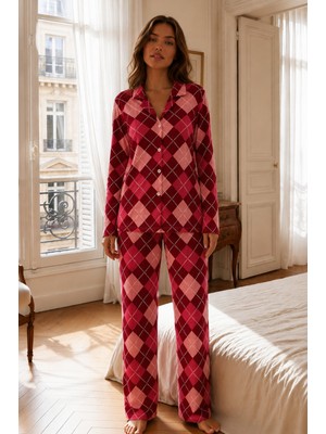 Kadın Relax Fit Düğme Kırmızı Pijama Takımı