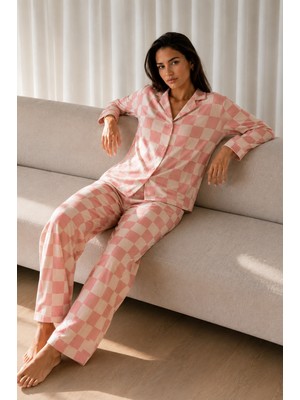 Kadın Desenli Basic Kış Pembe Pijama Takımı