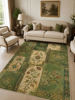 Liriya Dijital Kaymaz Yıkanabilir Patchwork Vintage Retro Salon Halısı Mutfak Halısı Yolluk