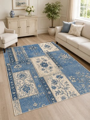 Liriya Dijital Kaymaz Yıkanabilir Patchwork Vintage Retro Salon Halısı Mutfak Halısı Yolluk