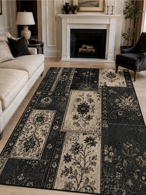 Liriya Dijital Kaymaz Yıkanabilir Patchwork Vintage Retro Salon Halısı Mutfak Halısı Yolluk