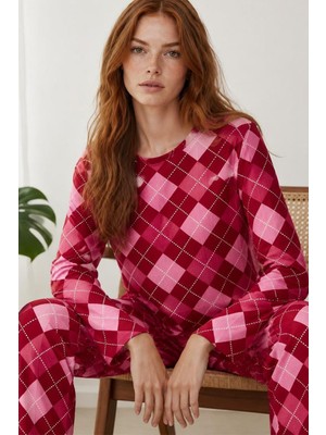 Kadın Çizgili Regular Fit Kırmızı Pijama Takımı 4766