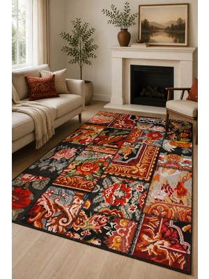 Liriya Dijital Yıkanabilir Etnik Retro Desen Kaymaz Taban Salon Halısı Mutfak Halısı Yolluk Çocuk Halısı