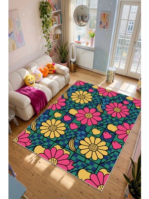 Liriya Dijital Yıkanabilir Etnik Retro Desen Kaymaz Taban Salon Halısı Mutfak Halısı Yolluk Çocuk Halısı