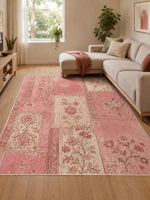 Liriya Dijital Kaymaz Yıkanabilir Patchwork Vintage Retro Salon Halısı Mutfak Halısı Yolluk