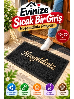 Open City Siyah 40X70 cm Hoşgeldiniz Yazılı Kapı Önü Paspası Kıvırcık Dokulu Altın Yazılı Dekoratif Ev Paspası