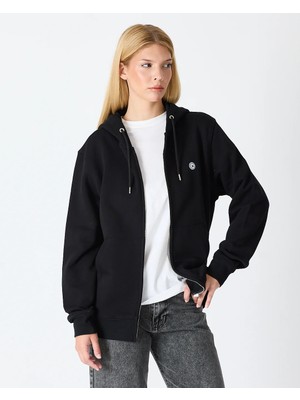 Cotton Club By Organic Reworks Unisex Fermuarlı Kapüşonlu Sweatshirt Hırka 3 Iplik Şardonlu Içi Pamuklu %100 Organik Pamuk Aplike Logo Detaylı Tüylenmez Siyah
