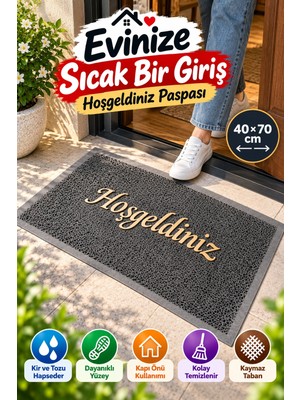 Open City Gri 40X70 cm Hoşgeldiniz Yazılı Kapı Önü Paspası Kıvırcık Dokulu Altın Yazılı Dekoratif Ev Paspası