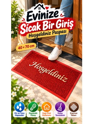 Open City Kırmızı 40X70 cm Hoşgeldiniz Yazılı Kapı Önü Paspası Kıvırcık Dokulu Altın Yazılı Dekoratif Ev Paspası