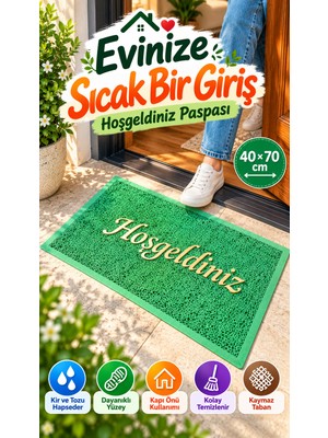 Open City Yeşil 40X70 cm Hoşgeldiniz Yazılı Kapı Önü Paspası Kıvırcık Dokulu Altın Yazılı Dekoratif Ev Paspası