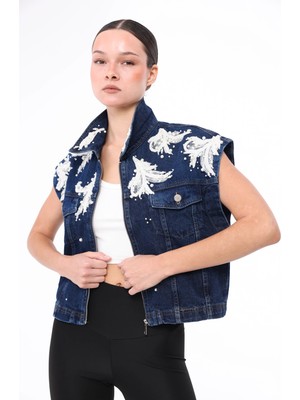 İnci Türkay Kadın Tasarım Denim Yelek Pech Dantel Işleme Detaylı Mavi Oversize Kalıp Bomber Yelek