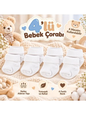 Novibaby 4'lü Bambu Bebek Çorap, Yenidoğan Bebek Çorabı, Kız Erkek Çocuk, Beyaz