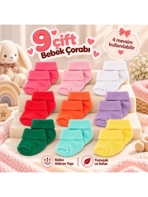 Novibaby 9'lu Bambu Yenidoğan Bebek Çorap, Kız Erkek Çocuk Çorabı, Beyaz Ekru Pembe Çok Renkli