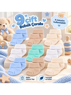 Novibaby 9'lu Bambu Yenidoğan Bebek Çorap, Kız Erkek Çocuk Çorabı, Beyaz Ekru Pembe Çok Renkli