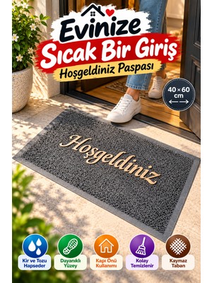 Open City Gri 40X60 cm Hoşgeldiniz Yazılı Kapı Önü Paspası Kıvırcık Dokulu Altın Yazılı Dekoratif Ev Paspası