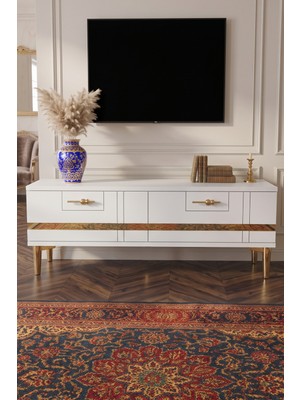 Yumedi Design TSA1242BG - Ilay Tv Stand , Tv Sehpası 120CM Beyaz-Gold