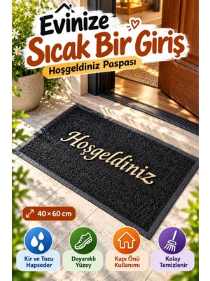 Open City Siyah 40X60 cm Hoşgeldiniz Yazılı Kapı Önü Paspası Kıvırcık Dokulu Altın Yazılı Dekoratif Ev Paspası