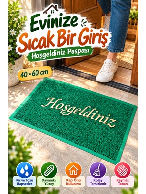 Open City Yeşil 40X60 cm Hoşgeldiniz Yazılı Kapı Önü Paspası Kıvırcık Dokulu Altın Yazılı Dekoratif Ev Paspası