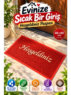Open City Kırmızı 40X60 cm Hoşgeldiniz Yazılı Kapı Önü Paspası Kıvırcık Dokulu Altın Yazılı Dekoratif Ev Paspası