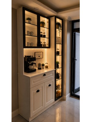 Grcstyle Ledli Kahve Köşesi 1. Sınıf Mdf Cam Kapaklı Çok Amaçlı Dolap