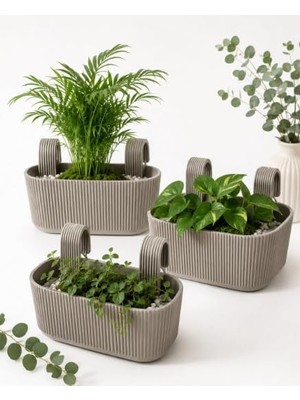 Fimer Modern Balkon ve Küpeşte Saksısı 3,2 Litre Krem Plastik Askılı Dikdörtgen 3'lü Set