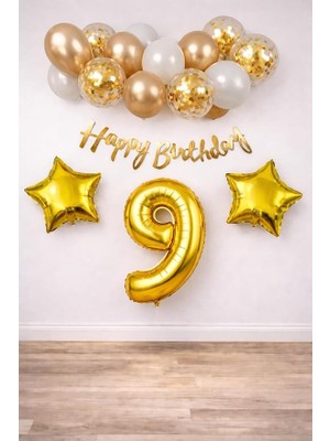 Fimer Konsept 9 Yaş Doğum Günü Kutlama Seti; Beyaz Gold Konfetili Balon, Rakam Yıldız Folyo ve Banner