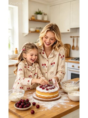 NiCe İç Giyim Anne Kız Uyumlu Pijama Takımı Kiraz ve Ayıcık Desenli Thermal Ultra Yumuşak Dokulu Ev Giyim (Ayrı Ayrı Satılır)