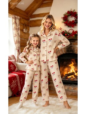 NiCe İç Giyim Anne Kız Uyumlu Pijama Takımı Kiraz ve Ayıcık Desenli Thermal Ultra Yumuşak Dokulu Ev Giyim (Ayrı Ayrı Satılır)