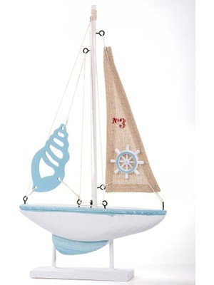 Fimer Home Ahşap Marin Denizci Temalı Yelkenli Gemi Tekne Biblo Ofis Dekorasyon - 18X31,5 Cm,mavi Dümen,31 x 25