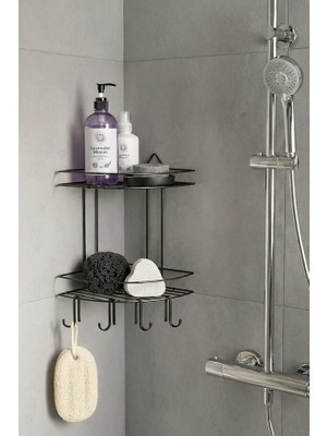 Fimer Haus Banyo Köşe Rafı Askılı Duş Organizeri ve Şampuanlık 2 Katlı Siyah Ek-02