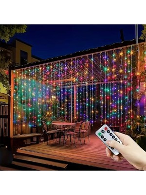 Fimer Kumandalı Peri Tel LED Aydınlatma 300 Ledli Perde Işık 10 Saçaklı 3x3 Metre Dekoratif Duvar Işığı USB Kablolu (Rgb Çok Renkli)