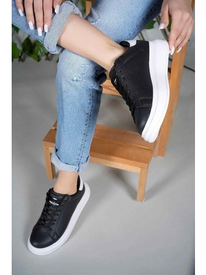 Moda Kadın Siyah-Beyaz Kalın Yüksek Taban Hafif Günlük Yürüyüş Spor Ayakkabısı ve Sneaker