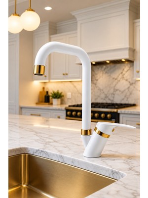 Viosa Beyaz Köşe Borulu Delta Gold Detaylı Banyo Lavabo Bataryası Aç Kapa Döner Borulu Musluk