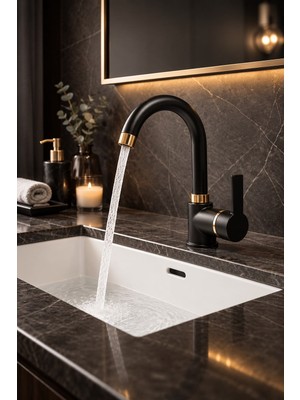 Viosa Siyah Delta Gold Detaylı Banyo Lavabo Bataryası Aç Kapa Döner Borulu Musluk