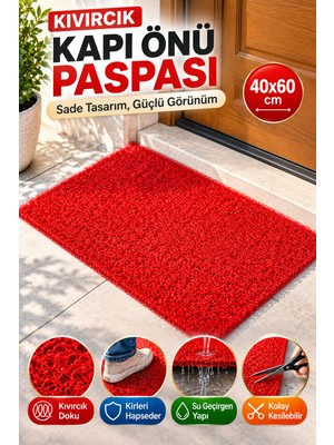 Open City Kırmızı Düz Kıvırcık Kapı Önü Paspası 40X60 cm Kaymaz Taban Dış Kapı Giriş Paspası Pvc