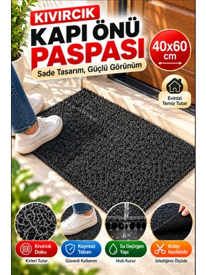Open City Siyah Düz Kıvırcık Kapı Önü Paspası 40X60 cm Kaymaz Taban Dış Kapı Giriş Paspası Pvc