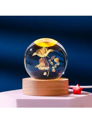 Fimer 3D Kristal Cam Küre, Ahşap Soketli Gece Lambası,led, Sevgiliye Hediye, Noel, Öğretmenler Günü, Özel Tasarım Harika Bir Hediye (Gül)