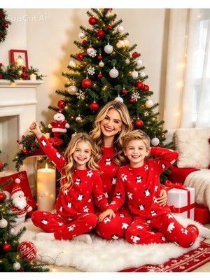NiCe İç Giyim Anne Kız Uyumlu Kışlık Bisiklet Yaka Pijama Takımı - Kırmızı Penguen Desenli Yılbaşı Temalı Rahat Thermal Ultra Soft (Ayrı Satılır)