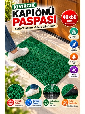 Open City Yeşil Düz Kıvırcık Kapı Önü Paspası 40X60 cm Kaymaz Taban Dış Kapı Giriş Paspası Pvc